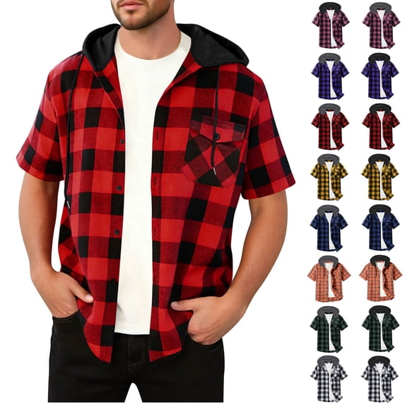 VBTAPA Men's Plaid Hoodie Shirts Stylish Casual Button Down Shirt Jackets for Men Short Sleeve Hooded Shacket with Pocket White M