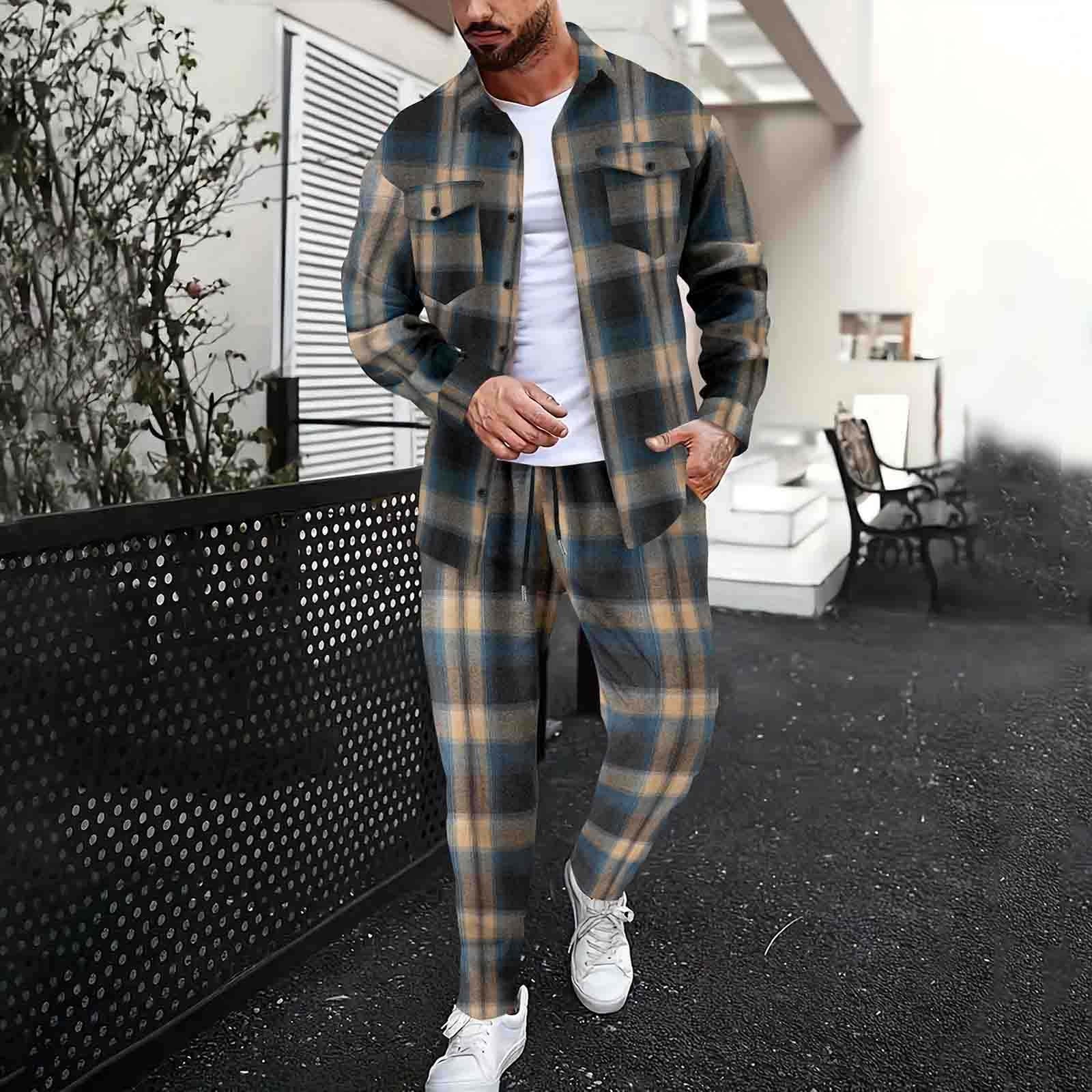 VBTAPA Mens Plaid Tracksuit Set Trendy Casual 2 Piece Outfit Long