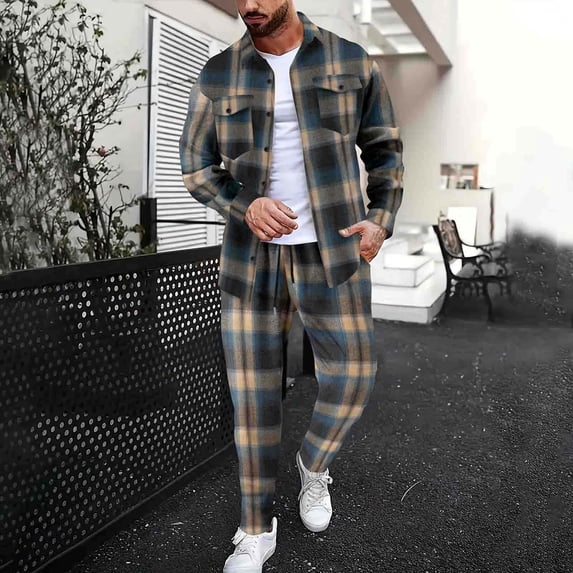 VBTAPA Men's Plaid Shirt Jacket and Pants Sets Spring Fall 2 Piece Outfits Lapel Long Sleeve Button Down Tracksuits with Pockets Yellow S