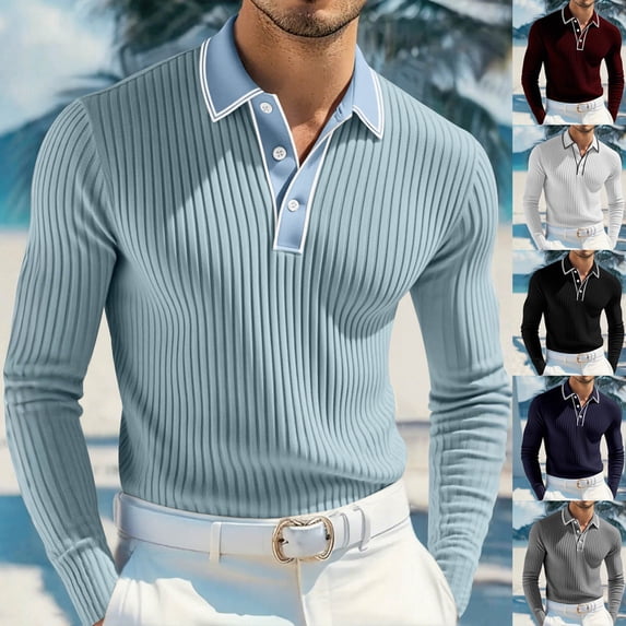 VBTAPA Men's Ribbed Knit Top Golf Polos Shirts Street Casual Lapel Long Sleeve Collared Tops Spring Fall All Seasons White XXXL
