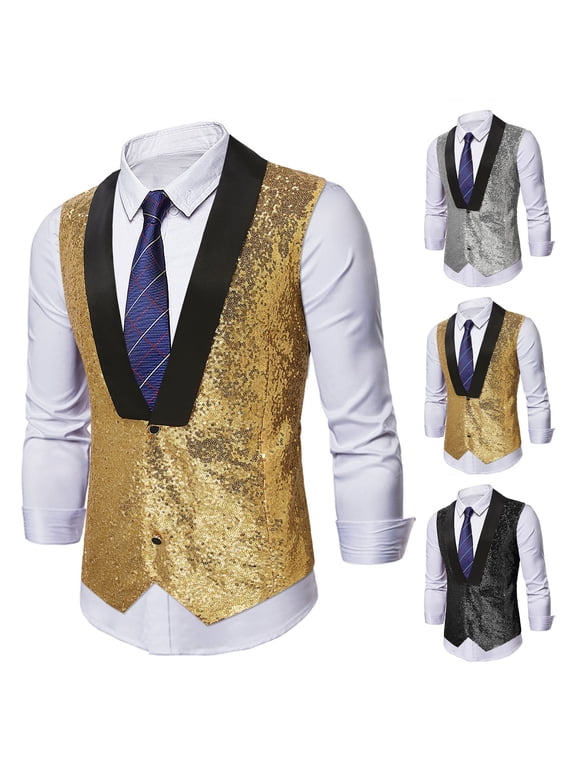 Men's Sequin Suit Vests Night Party Club Dance Casual Sleeveless Vest Wedding Prom Waistcoat Black M