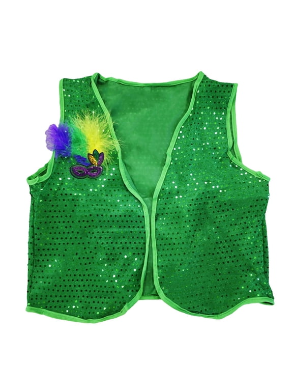 Men's Sequin Vest Mardi Gras St Patricks Day Costume Vest Top with Feathers Sparkling Carnival Tops Green Free Size