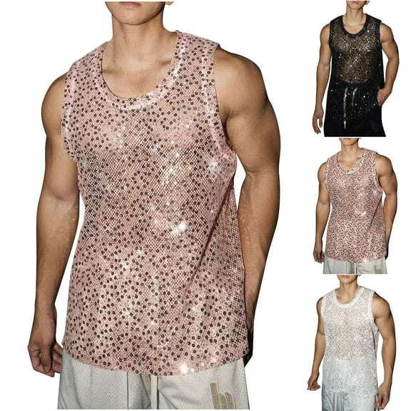 VBTAPA Men's Sheer Mesh Tank Top See Through Sleeveless Tee Shirts Glitter Sequin Vest Disco Party Clubwear White XL