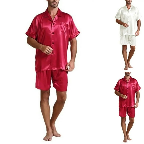 VBTAPA Men's Silk Satin Pajama Sets Short Sleeve Button Down Loungewear 2 Piece Pj Shorts Sets with Pockets White XXL