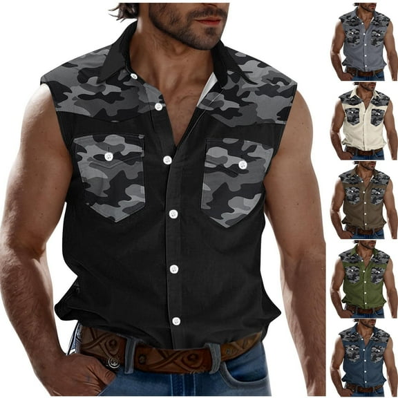 VBTAPA Men's Sleeveless Beach Shirts Trendy Summer Button Down Tank Tops Camouflage Casual Tank Shirt with Pockets Black L