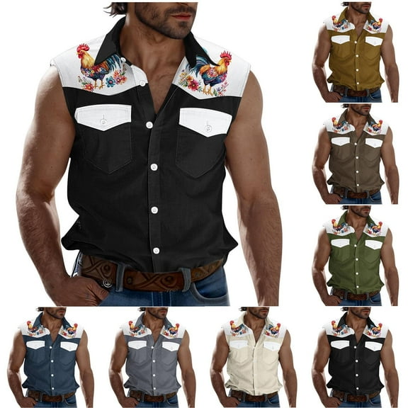 VBTAPA Men's Sleeveless Beach Shirts Trendy Summer Button Down Tank Tops Rooster Printed Casual Tank Shirt with Pockets Khaki XXL