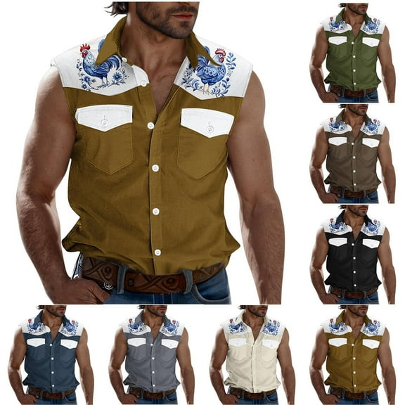 VBTAPA Men's Sleeveless Beach Shirts Trendy Summer Button Down Tank Tops Rooster Printed Casual Tank Shirt with Pockets Lightning Sales Navy M