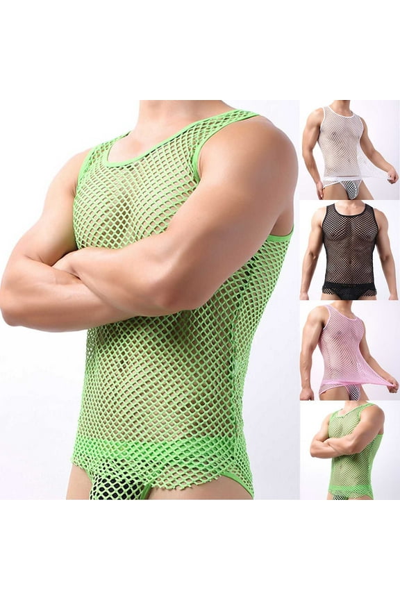 Men's Sleeveless Fishnet Tank Top Mesh Sheer Undershirt See Through Workout Gym Shirts Slim Fitted Muscle Tee Shirt Black L