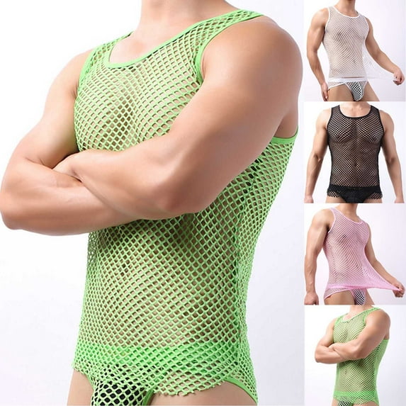 VBTAPA Men's Sleeveless Fishnet Tank Top Mesh Sheer Undershirt See Through Workout Gym Shirts Slim Fitted Muscle Tee Shirt Pink S