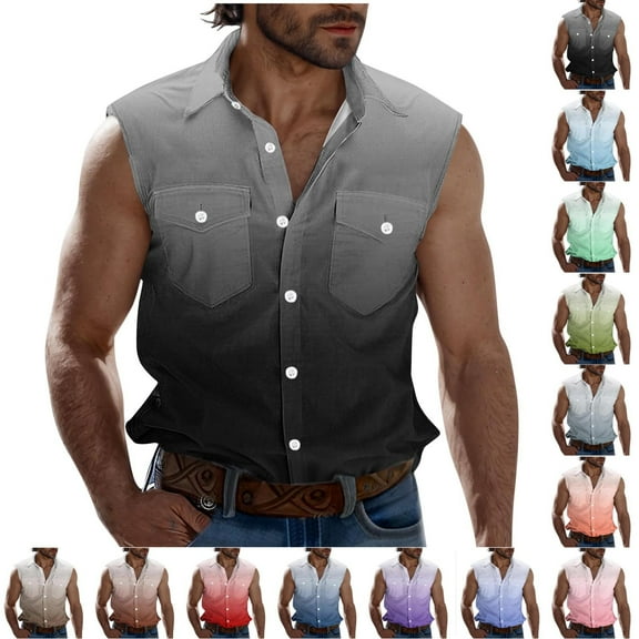 VBTAPA Men's Sleeveless Gradient Shirts Summer Casual Beach Button Down Tank Top Collared Vest Shirt with Pockets Pink XXXL