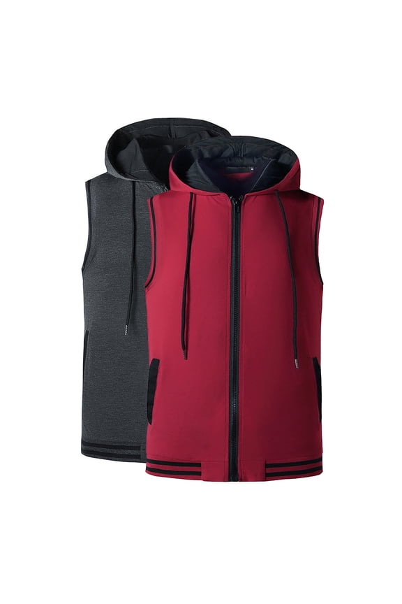 Men's Sleeveless Hoodie Shirts Zip Up Slim Fit Lightweight Fitness Bodybuilding Gym Tank Tops with Pockets Wine S