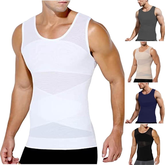 VBTAPA Men's Slimming Shirt Mesh Compression Shirts 4-Way Stretch Body Shaper for Chest, Abdomen, Posture Support Navy XL