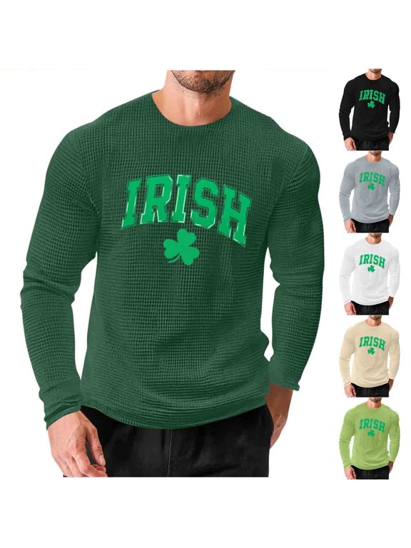 Men's St Patrick's Day T-Shirt Shamrock Clover Print Long Sleeve Waffle Shirts Funny Irish Green Lucky Charms Graphic Tees Green XXXL