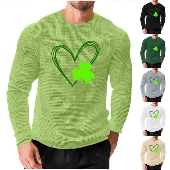 VBTAPA Men's St. Patrick's Day Waffle Long Sleeve T-Shirt Shamrock Print Crewneck Tee Shirts Casual Festive Tops Holiday Clothes White XXXXXL