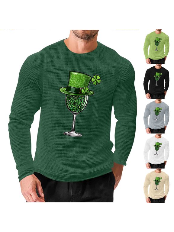 Men's St. Patrick's Day Waffle Shirts Long Sleeve Crewneck Pullover Big and Tall T-Shirt Loose Workout Casual Graphic Tees Gray M