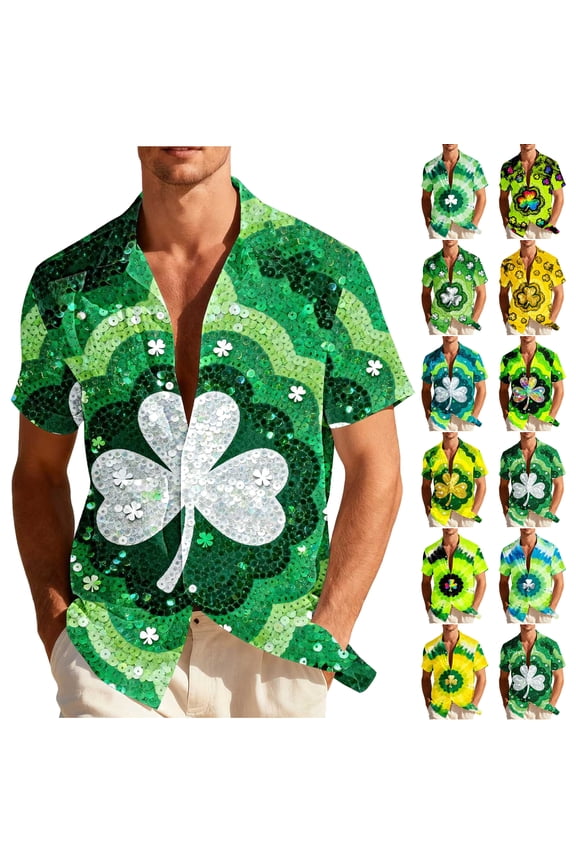 Men's St Patricks Day Shirt Funny Green Clover Saint Pattys Day Shirts Short Sleeve Holiday Casual Button Down Shirt Yellow XXXL