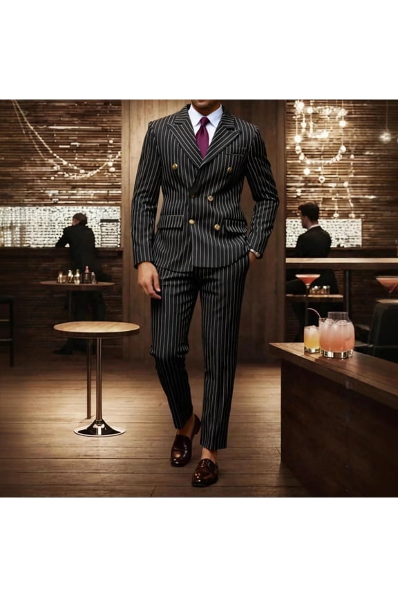 Men's Stripe Suit 2-Piece Double Breasted Blazer Jacket Tuxedo Pants for Business Formal Wedding Party Black L