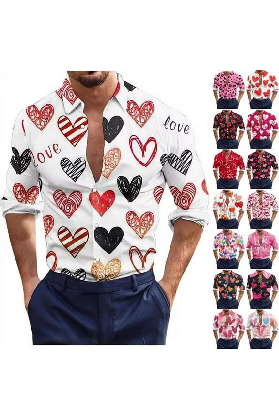 Men's Stylish Dress Shirts Love Heart Printed Long Sleeve Button Down Shirts Date Night Shirt Valentines Day Gifts for Him Prime Sales of The Day Navy XXL