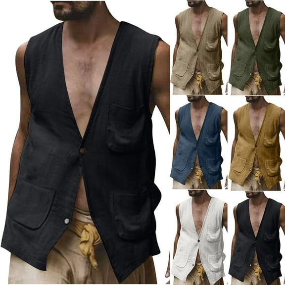 VBTAPA Men's Suit Vest Summer Linen Shirt Deep V Neck Waistcoat for Party and Beach Khaki S