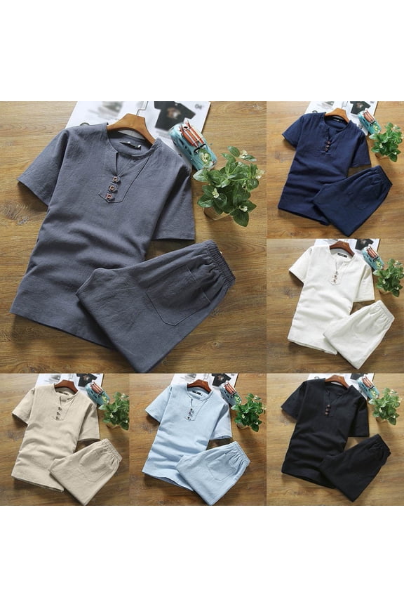 Men's Summer 2 Piece Outfits Vintage Linen Shirts and Pants Set Casual Beach Suits Chinese Ethnic Style Lounge Sets Blue XXL