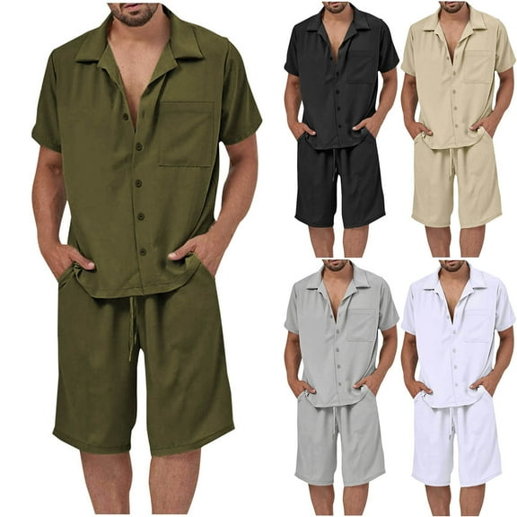 VBTAPA Men's Summer Beach Outfits 2 Piece Short Sleeve Button Down Shirts and Shorts Set Baggy Comfy Lounge Sets with Pockets Sales of The Day Khaki XXL