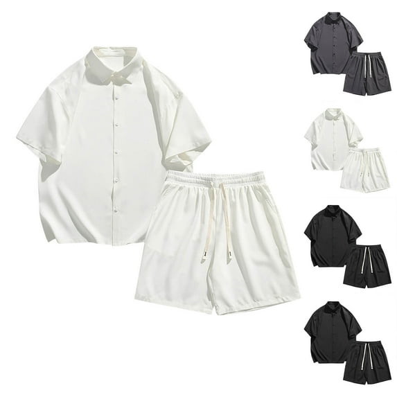VBTAPA Men's Summer Beach Outfits 2 Piece Short Sleeve Shirts and Shorts Set Cooling Casual Vacation Lounge Sets with Pockets Sales of The Day Black XXXXL