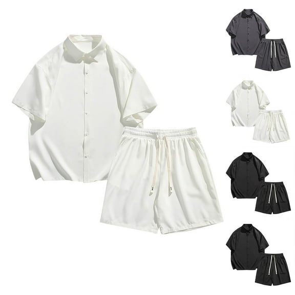 VBTAPA Men's Summer Beach Outfits 2 Piece Short Sleeve Shirts and Shorts Set Cooling Casual Vacation Lounge Sets with Pockets Sales of Today White XXXXXL