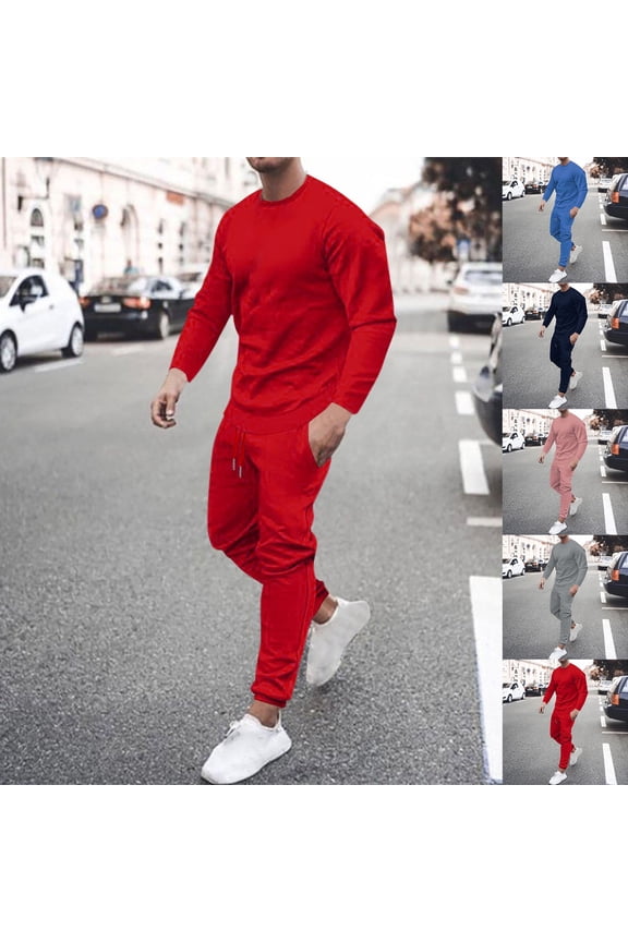 Men's Sweatsuit Two Piece Outfits Solid Color Casual Jogging Sports Suits Crewneck Long Sleeve Pullover Tops and Drawstring Pants Set with Pockets Pink XXL