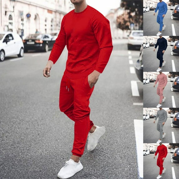 VBTAPA Men's Sweatsuit Two Piece Outfits Solid Color Casual Jogging Sports Suits Crewneck Long Sleeve Pullover Tops and Drawstring Pants Set with Pockets Back to College Sale Pink XL