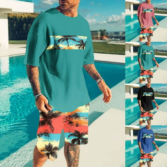 VBTAPA Men's T Shirt and Shorts Set 2 Piece Outfits Fashion Summer Tracksuits Palm Tree Graphic Printed Short Sleeve Casual Sportwear Set with Pockets Sales of Today Blue M