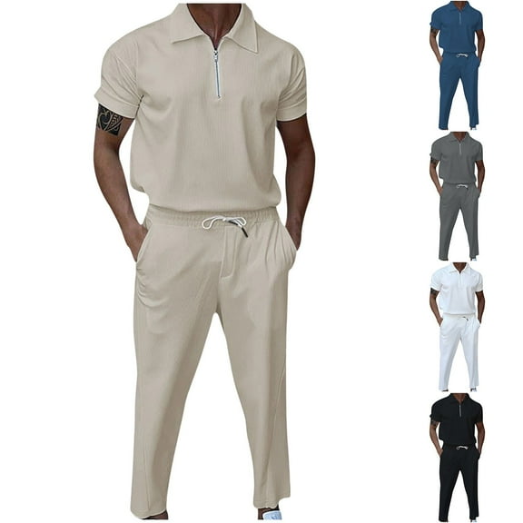 VBTAPA Men's Tracksuits 2 Piece Casual Athletic Jogging Outfits Corduroy Polo Shirt and Pants Set Golf Track Suits Black M