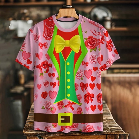 VBTAPA Men's Tuxedo Print T-Shirt Faux Suit Costume Tee Novelty Holiday Party Tops Pink M