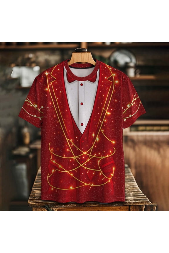Men's Tuxedo Print T-Shirt Faux Suit Costume Tee Novelty Holiday Party Tops Red S