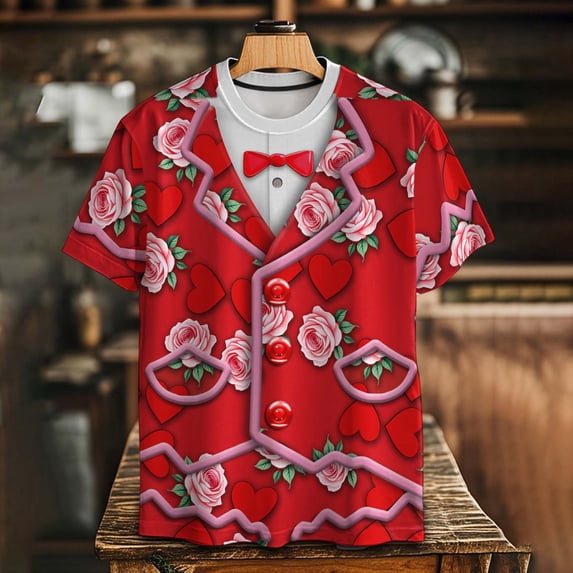 VBTAPA Men's Tuxedo Print T-Shirt Faux Suit Costume Tee Novelty Holiday Party Tops Red XXXL