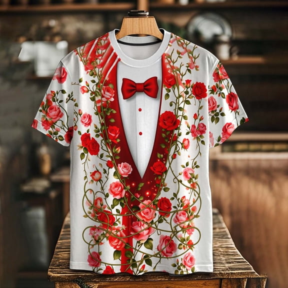 VBTAPA Men's Tuxedo T-Shirts Valentines Day Graphic Print Short Sleeve Crewneck Tee Shirt Novelty Holiday Party Costume Top White M
