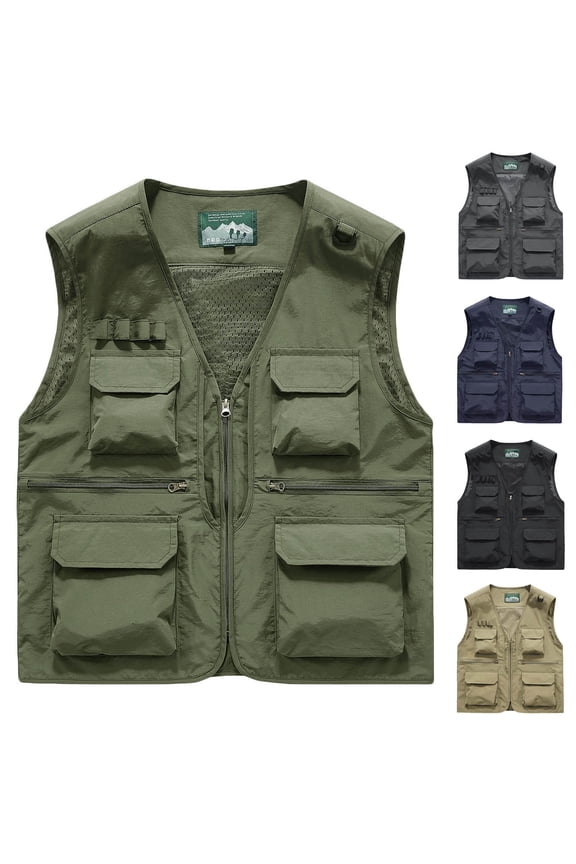 Men's Utility Fishing Vest Lightweight Outdoor Work Safari Travel Vests Multi Pockets Waistcoat Jacket Army Green L
