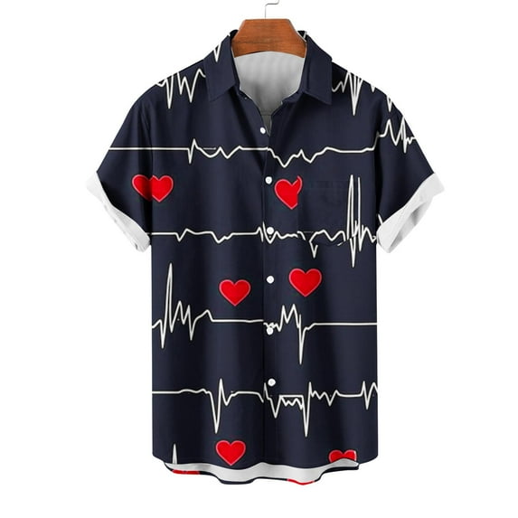 VBTAPA Men's Valentines Day Button Down Shirts, Love Heart Graphic Date Night Shirt, Short Sleeve Hawaiian Shirt for Men, Lightweight Party Shirts Daily Dark Blue L