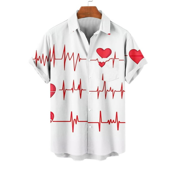 VBTAPA Men's Valentines Day Button Down Shirts, Love Heart Graphic Date Night Shirt, Short Sleeve Hawaiian Shirt for Men, Lightweight Party Shirts White XXXXXL