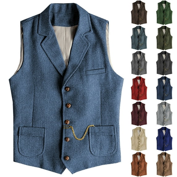 VBTAPA Men's Vintage Suit Vest Notched Lapel Formal Prom Party Herringbone Pattern Waistcoat with Chain Detail Navy XXXL