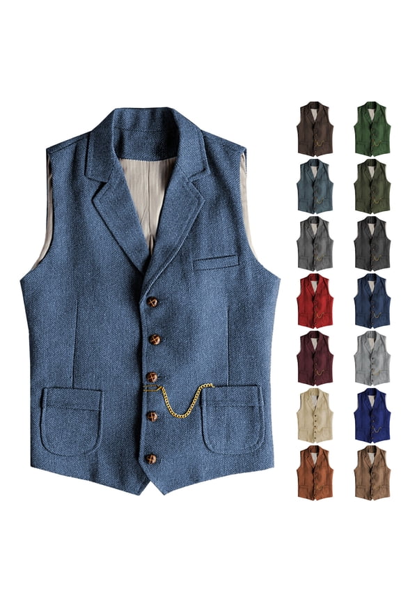 Men's Vintage Suit Vest Notched Lapel Formal Prom Party Herringbone Pattern Waistcoat with Chain Detail Orange XXL