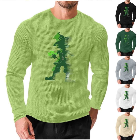 VBTAPA Men's Waffle Long Sleeve Shirts St. Patrick's Day Crew Neck T-shirt Casual Holiday Tops Lightweight Textured Pullover Tees Army Green XXL