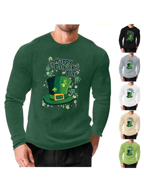 Men's Waffle Long Sleeve Shirts St. Patrick's Day Crew Neck T-shirt Casual Holiday Tops Lightweight Textured Pullover Tees Black XXXXL