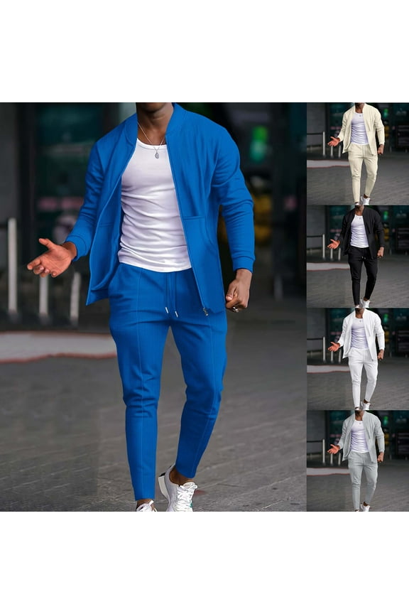 Men's Waffle Tracksuits, Full Zipper Casual Solid Long Sleeve Jackets with Sweatpants Jogging Suits Spring Outfits Black XXL