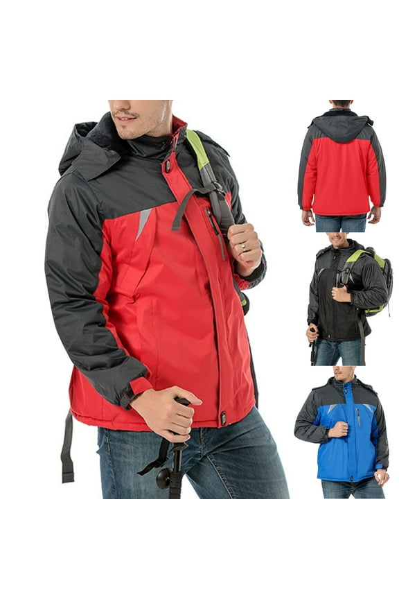 Men's Waterproof Fleece Lined Rain Jacket Lightweight Softshell Raincoat with Detachable Hood Winter Hiking Windbreaker Black XXXL