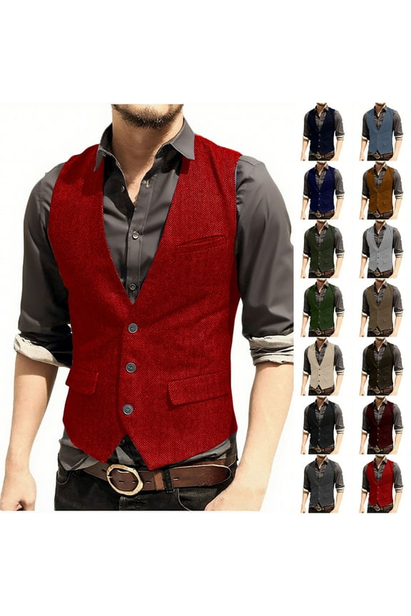 Men's Western Cowboy Suit Vest Slim Fit V-Neck Dress Vests Business Casual 3 Buttons Waistcoat Red L