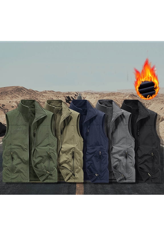 Men's Winter Warm Outdoor Vests Polar Fleece-Lined Sleeveless Jacket Full-Zip Fishing Travel Utility Vest Gilet Khaki XL
