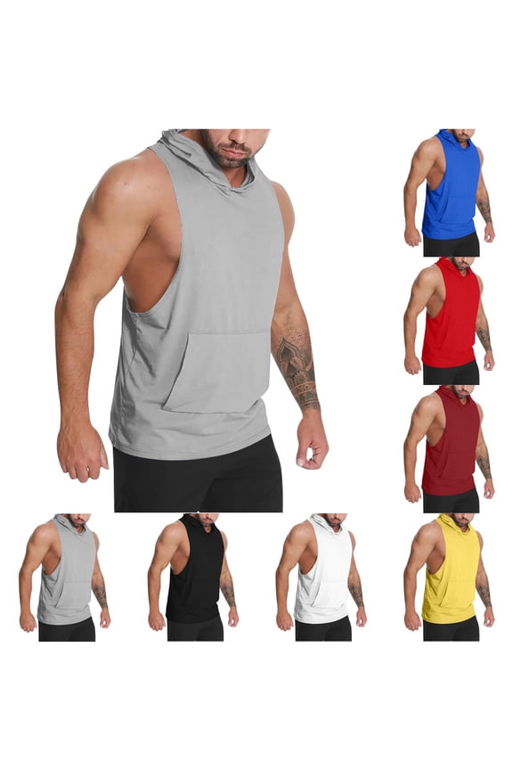 Men's Workout Hooded Tank Tops Bodybuilding Sleeveless Gym Hoodies Muscle Cut Off Shirt Fitness Gym Hoodies Black XXL