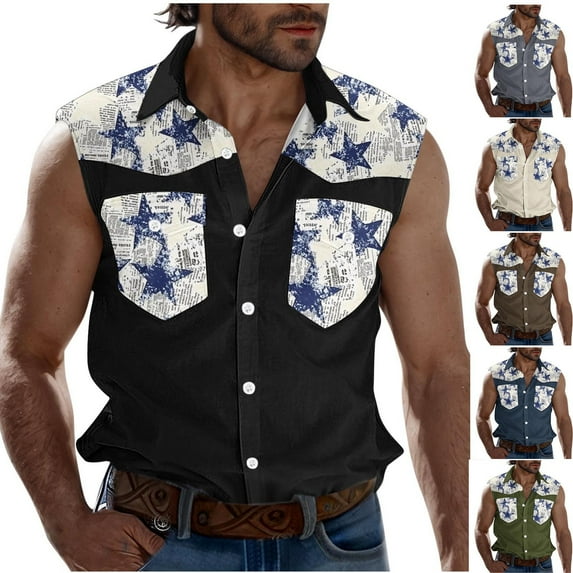 VBTAPA Men's Workout Sleeveless Shirts with Pockets Trendy Cargo Style Button Down Tank Top Summer Casual Lapel Shirt on Sale Black XL