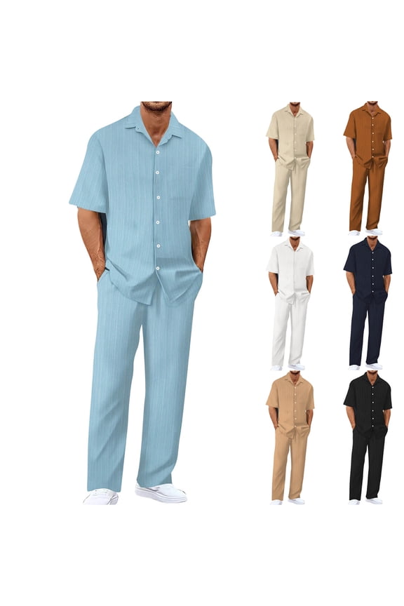Mens 2 Piece Casual Beach Outfits Short Sleeve Button Down Textured Shirts and Pants Matching Set Summer Vacation Sets Beige XL