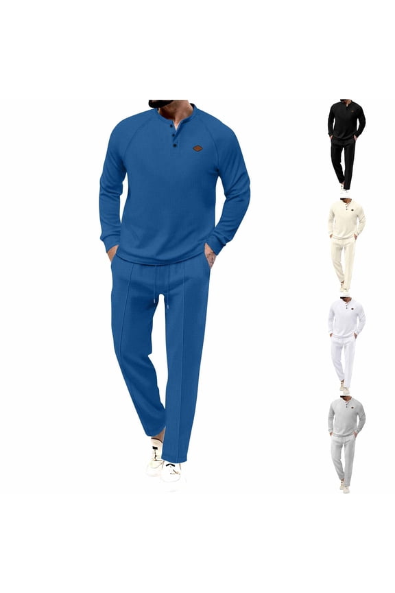Mens 2 Piece Casual Tracksuit Waffle Knit Henly Shirt and Drawstring Waist Pants Set Solid Color Jogging Sports Fitness Workout Suit with Pockets White M